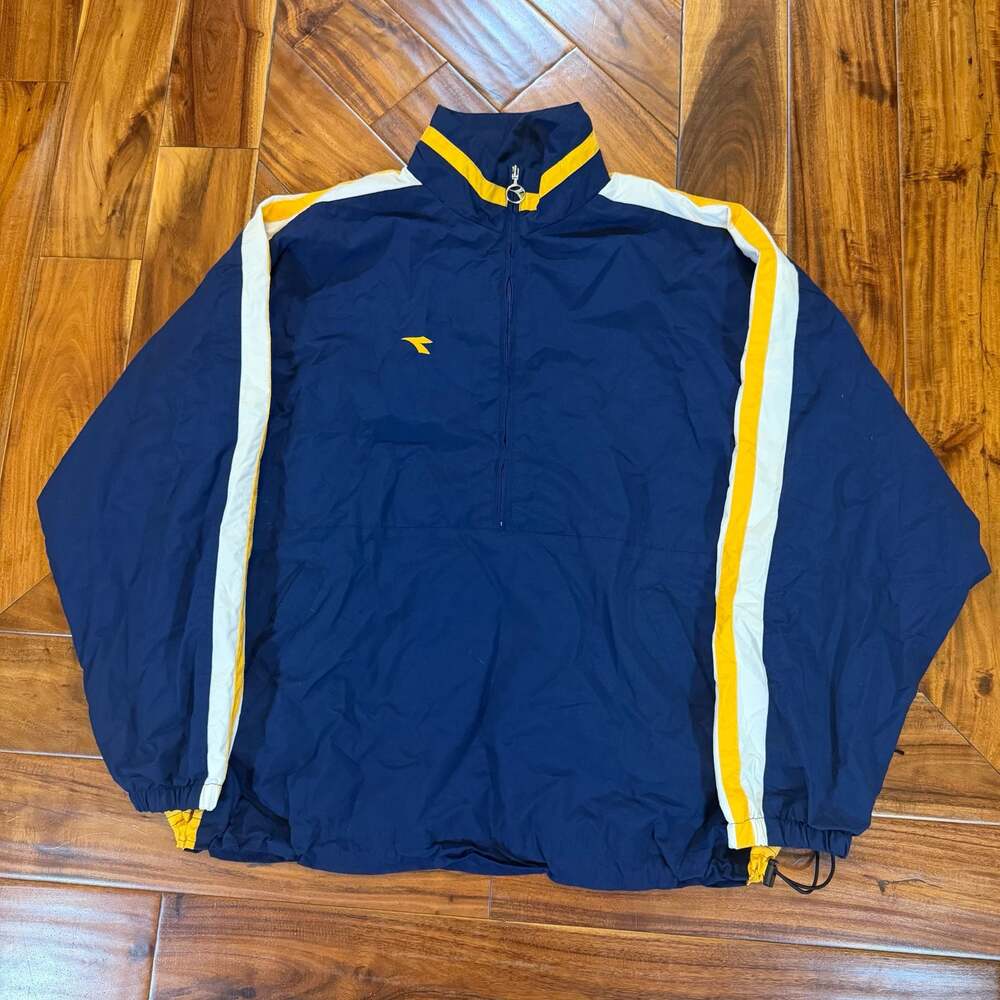 90s Diadora 1/4 Zip Nylon Pullover Windbreaker Jacket Navy Blue and Yellow XL